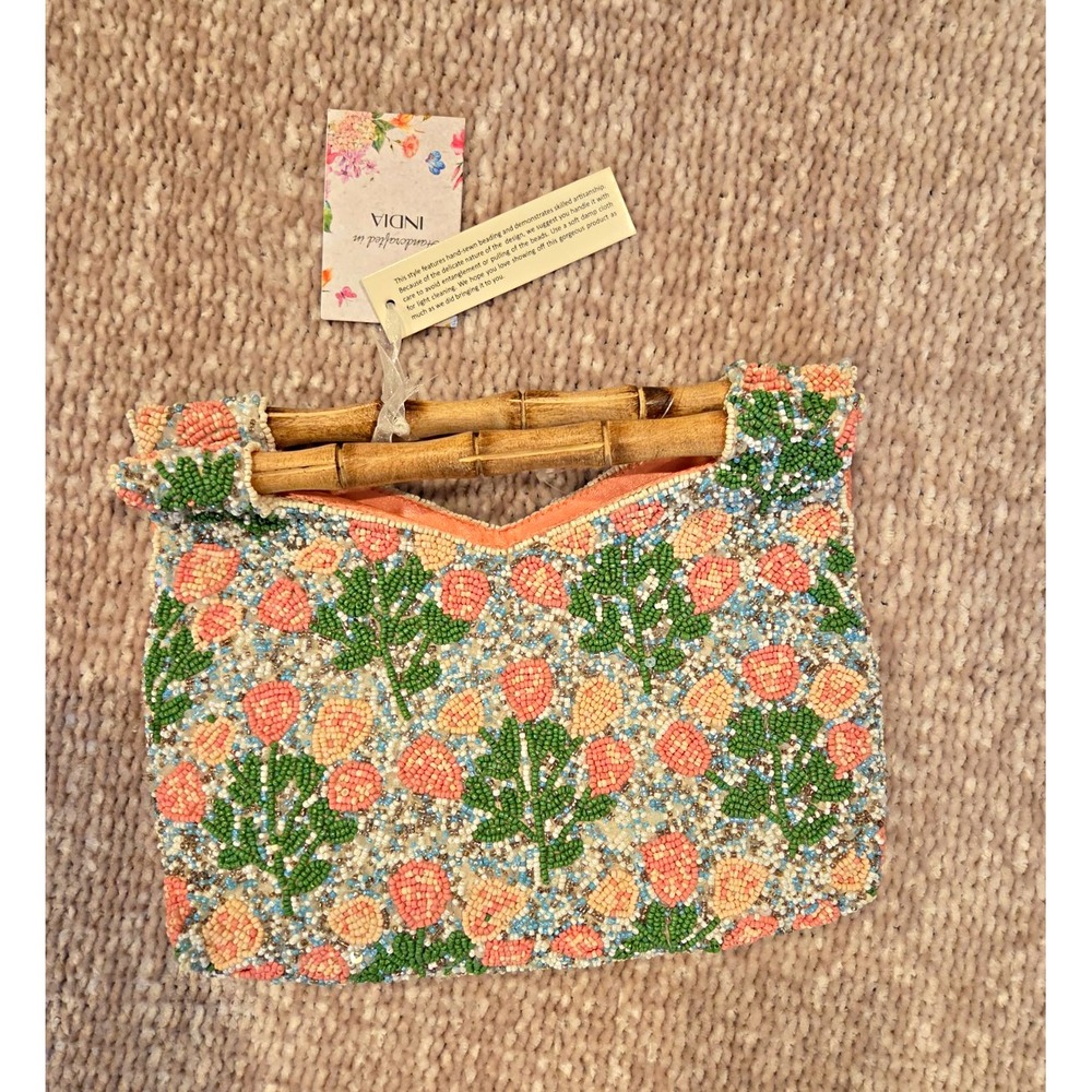 Beaded Peach & Leaf Floral Satchel Bamboo Top Handle Peach Lined